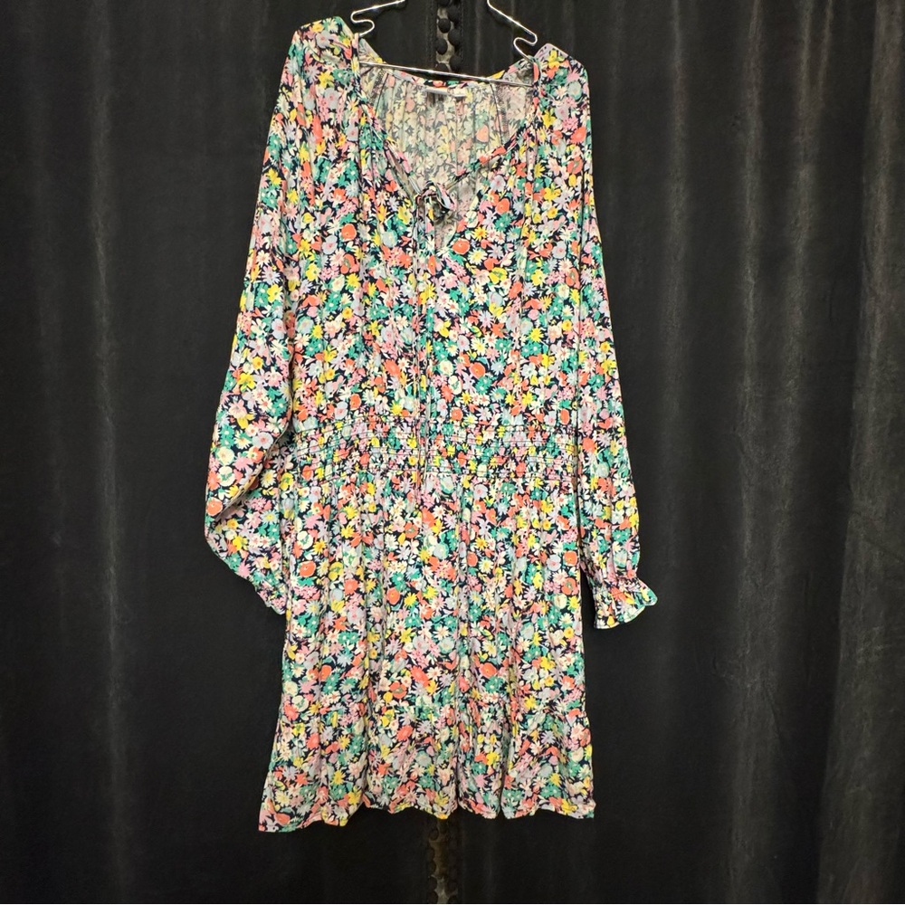 Gap Women’s Size L Relaxed Smocked Splitneck‎ Mini Dress Spring Floral - Picture 2 of 11